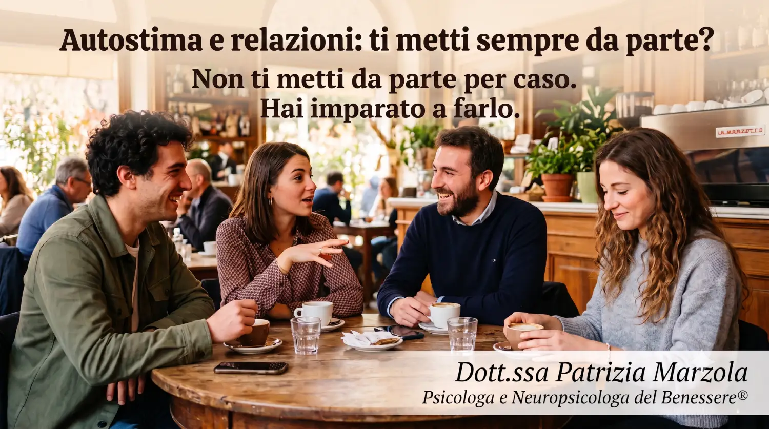 Autostima e relazioni Donna che si mette da parte durante una conversazione con gli amici in una caffetteria, una scena che rappresenta il rapporto tra autostima e relazioni.