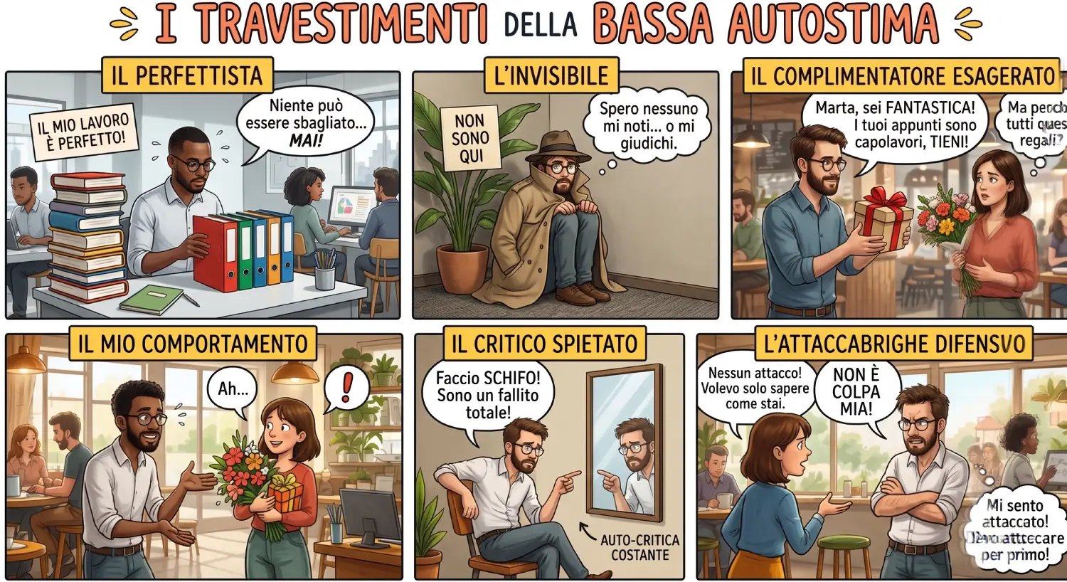 I travestimenti della bassa autostima: i comportamenti che possono nasconderla Vignetta che rappresenta alcuni dei principali travestimenti della bassa autostima, come perfezionismo, bisogno di approvazione, autocritica, aggressività difensiva e paura del giudizio.