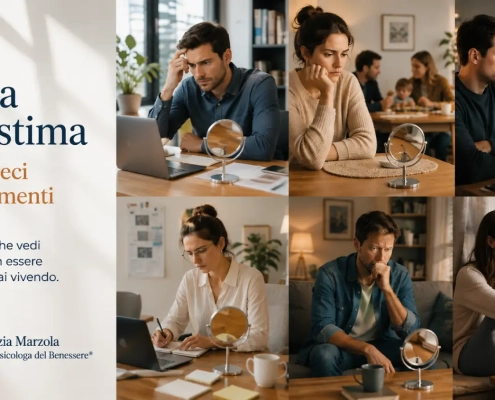 Hero dedicata alla bassa autostima con uomo e donna in diversi momenti della vita. L'immagine rappresenta i principali travestimenti della bassa autostima nelle relazioni, nel lavoro e nella vita quotidiana.