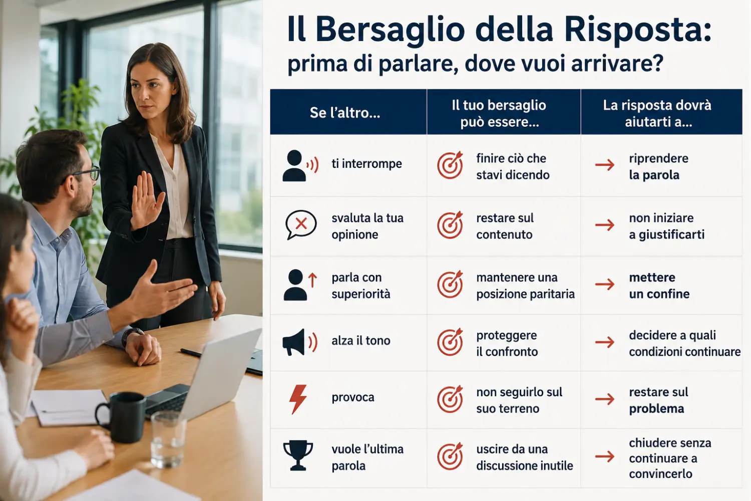 Il Bersaglio della Risposta: cosa dire a una persona arrogante Il Bersaglio della Risposta per scegliere cosa dire a una persona arrogante in base al proprio obiettivo