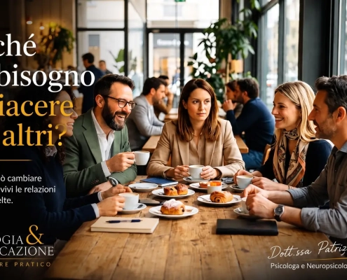 Persone sedute in una caffetteria mentre una donna osserva attentamente le reazioni degli altri, rappresentando il bisogno di piacere agli altri e la continua ricerca di approvazione.