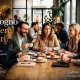 Persone sedute in una caffetteria mentre una donna osserva attentamente le reazioni degli altri, rappresentando il bisogno di piacere agli altri e la continua ricerca di approvazione.