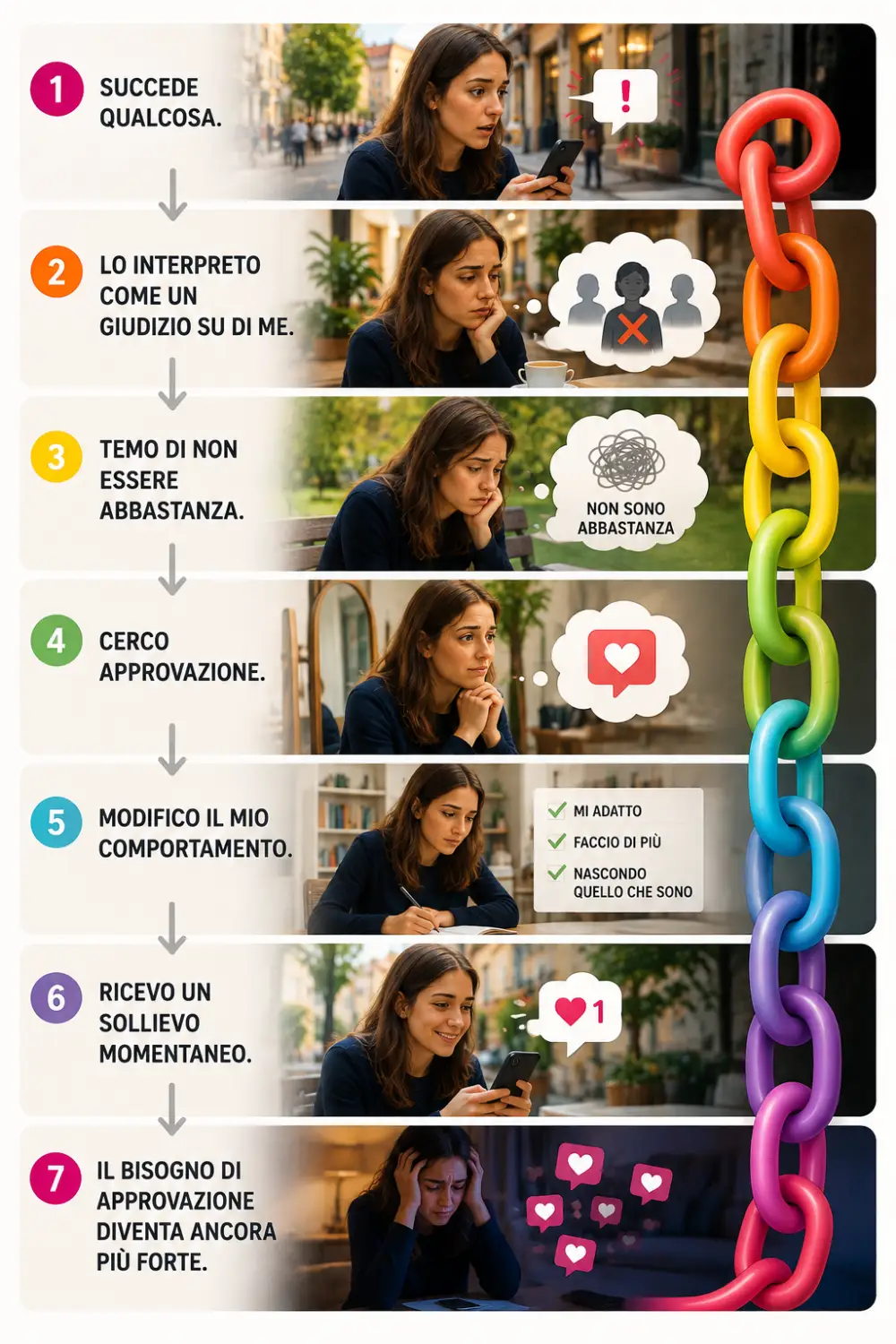 Bisogno di piacere agli altri: come funziona la Catena dell'Approvazione Infografica che mostra come il bisogno di piacere agli altri si rafforza attraverso la Catena dell'Approvazione: dal timore del giudizio alla ricerca di conferme esterne.