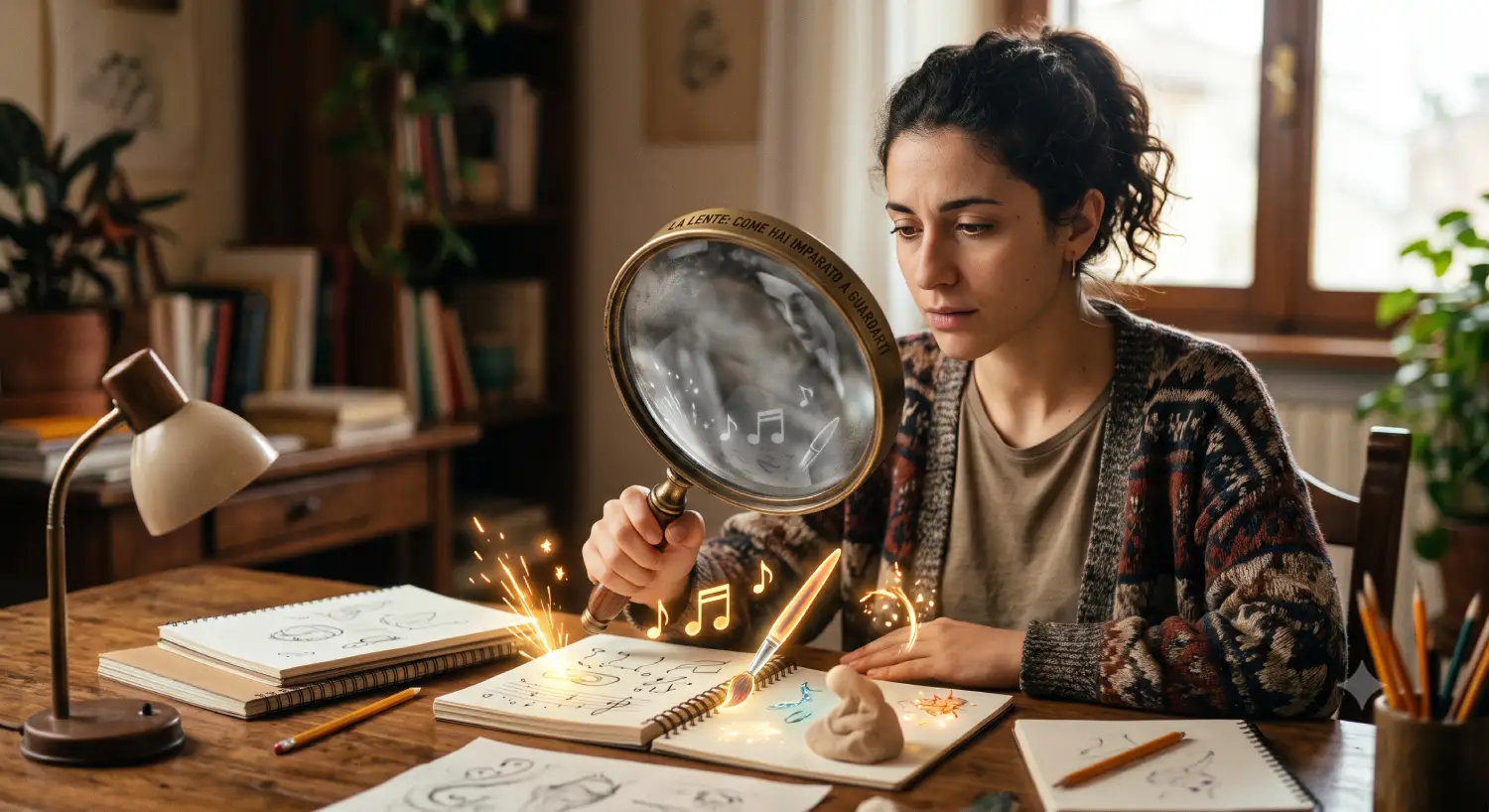 La Lente: perché fai fatica a vedere il tuo talento Come liberare il tuo talento: una giovane osserva i propri disegni attraverso una lente che rappresenta il modo in cui guarda le proprie capacità.