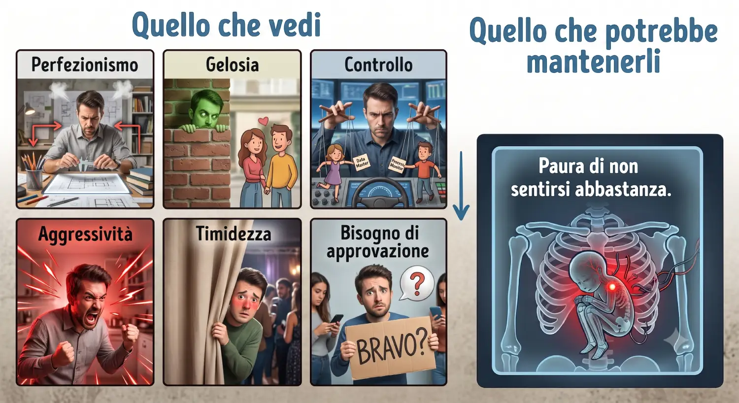 Che cosa hanno in comune i travestimenti della bassa autostima Schema che mostra come comportamenti come perfezionismo, gelosia, bisogno di controllo, aggressività, timidezza e bisogno di approvazione possano essere mantenuti dalla paura di non sentirsi abbastanza.