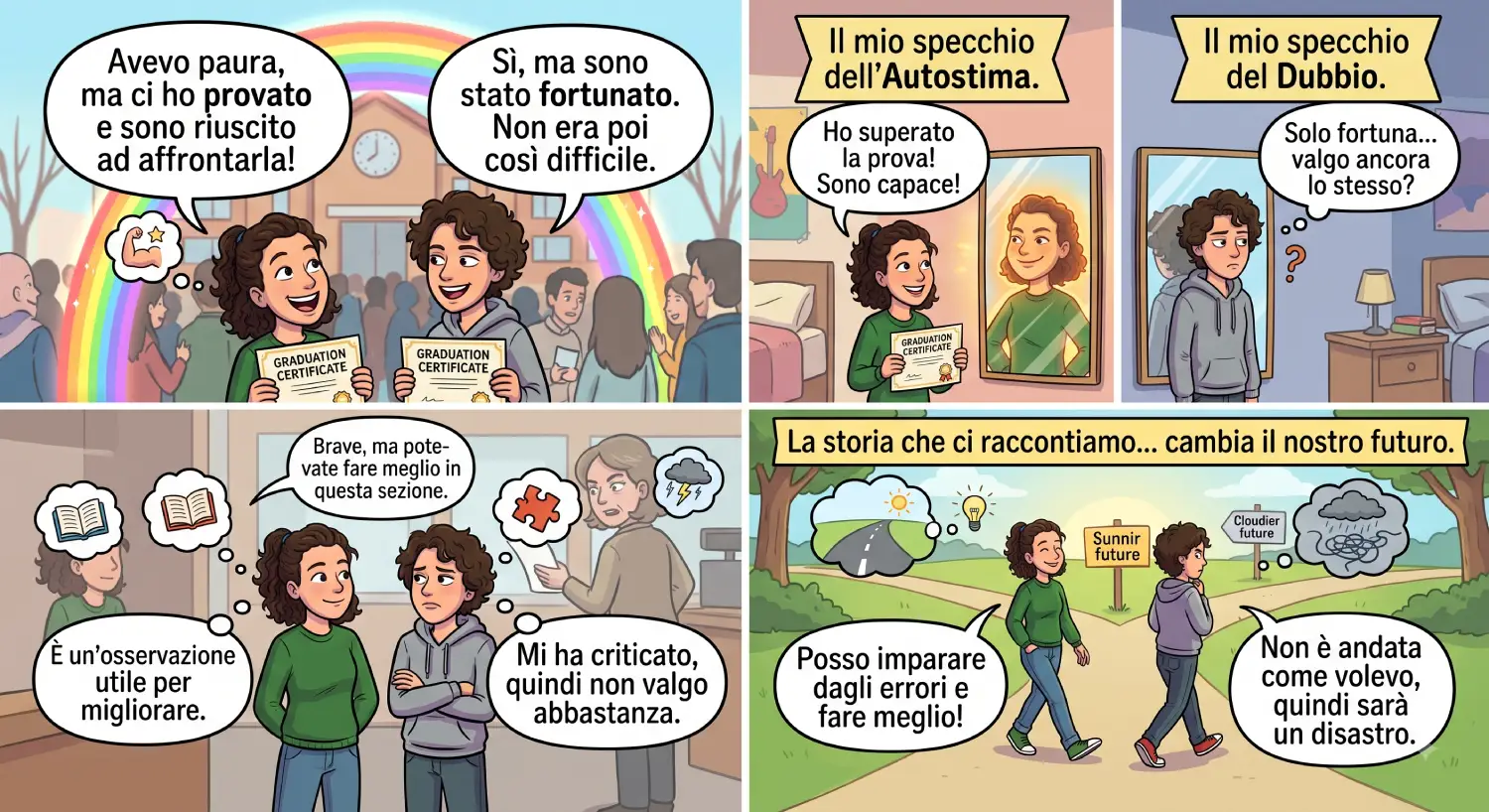 Guida Autostima: Come il Dialogo Interiore Cambia la Tua Percezione Fumetto illustrato per una guida sull'autostima che mette a confronto due persone di fronte a successi, critiche e sfide: una interpreta la realtà con fiducia e crescita, l'altra sminuisce le proprie capacità con il dubbio.