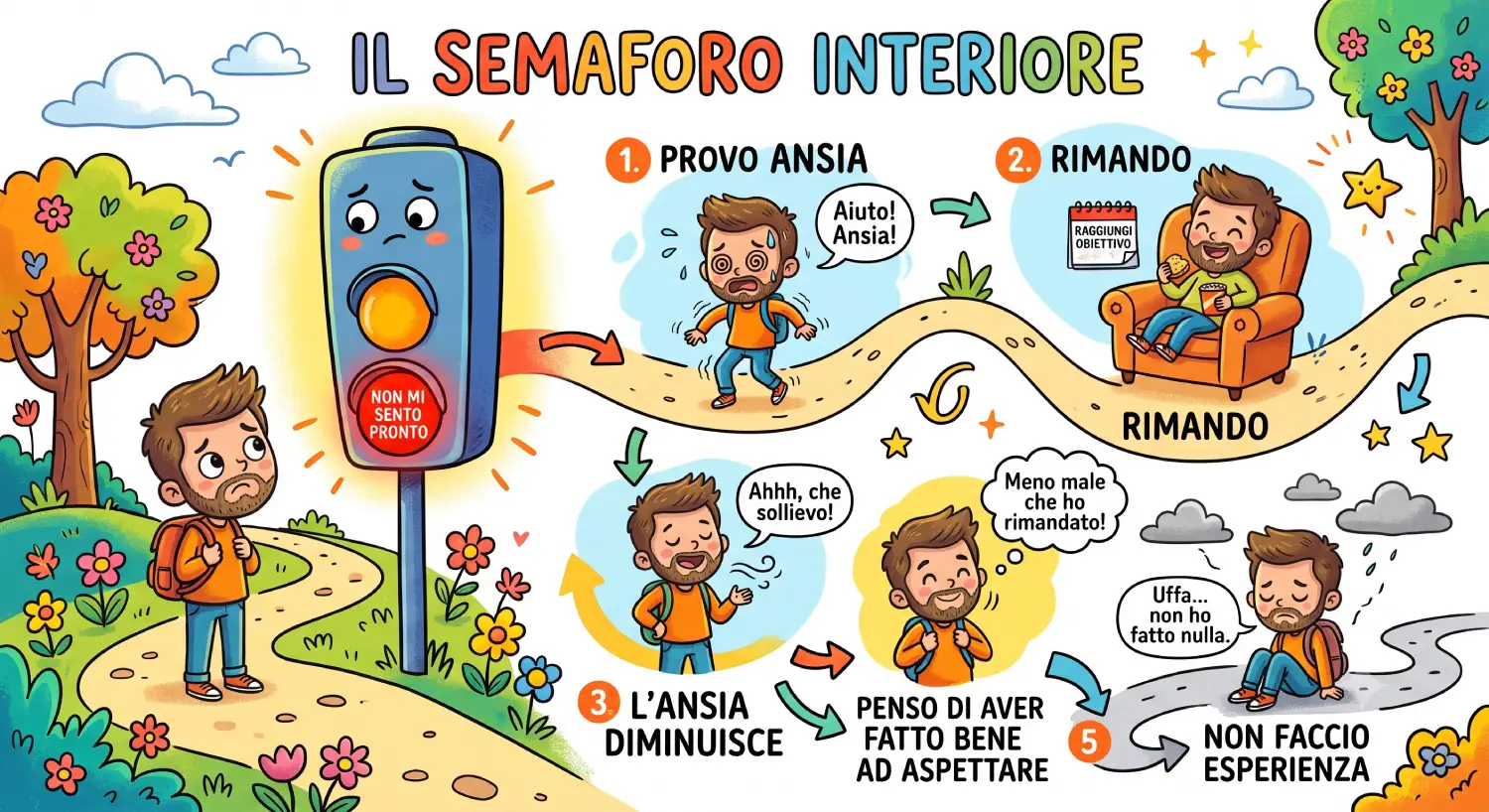 Il Semaforo Interiore: quando pensi “non mi sento pronto” Il Semaforo Interiore mostra il ciclo tra ansia, rimandare e pensare “non mi sento pronto”