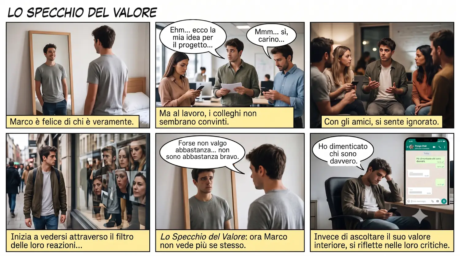 Lo Specchio del Valore e il bisogno di piacere agli altri Infografica che spiega Lo Specchio del Valore: quando il bisogno di piacere agli altri porta una persona a vedere se stessa attraverso il giudizio e le reazioni degli altri.