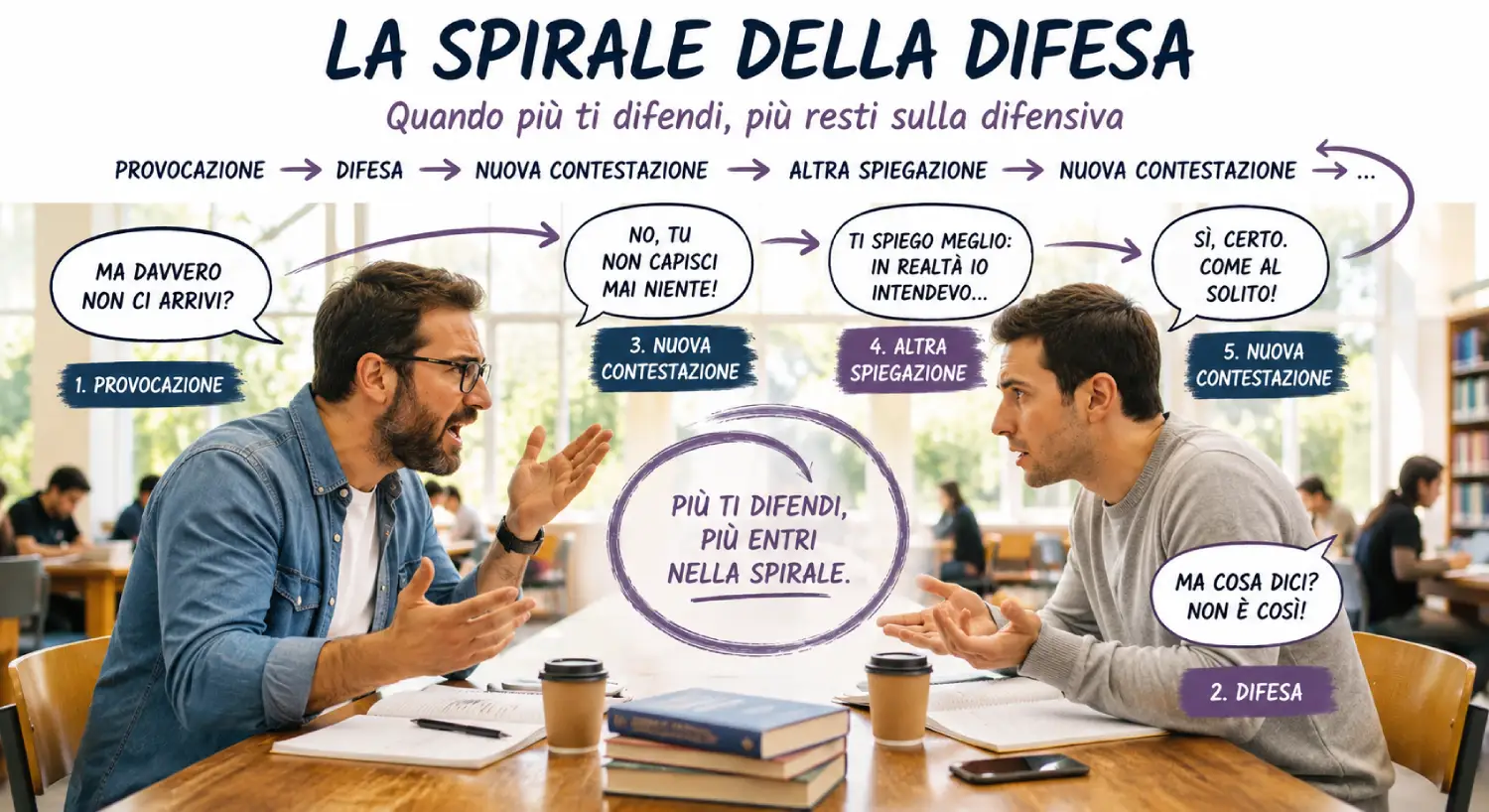 Zittire una persona arrogante: La Spirale della Difesa Zittire una persona arrogante: La Spirale della Difesa mostra come provocazione, difesa e nuove contestazioni alimentano il confronto.