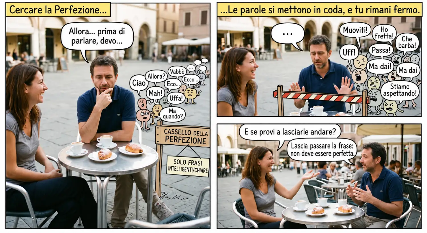 Ansia di parlare in pubblico e casello della perfezione Vignetta sull’ansia di parlare in pubblico: il bisogno di trovare la frase perfetta blocca le parole al casello della perfezione.