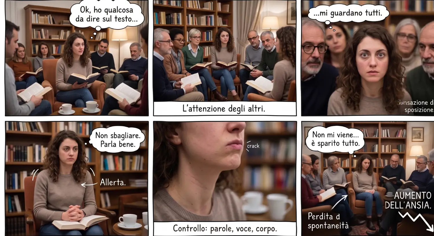 Ansia di parlare in pubblico e Spontaneità Sorvegliata Vignetta sull’ansia di parlare in pubblico: l’attenzione degli altri attiva allerta e controllo fino alla perdita di spontaneità.
