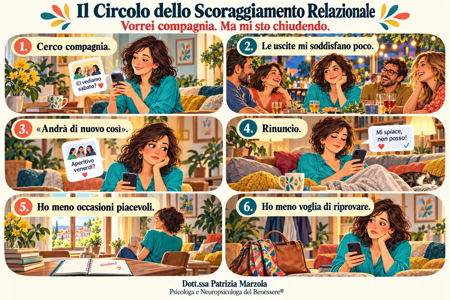 Il Circolo dello Scoraggiamento Relazionale Il circolo dello scoraggiamento relazionale nel blocco nelle relazioni: sei scene dalla ricerca di compagnia alla rinuncia e alla minore voglia di riprovare.