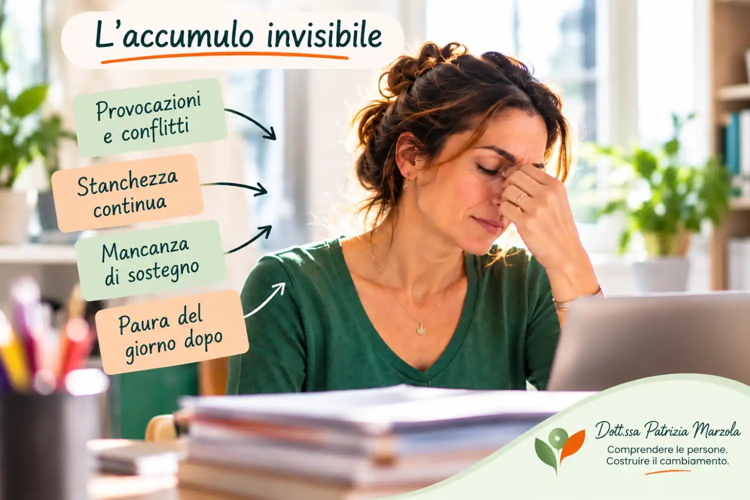 L'accumulo invisibile: quando lo stress logora gli insegnanti Insegnante stanca con una mano sul viso, circondata da scritte che rappresentano provocazioni, stanchezza, mancanza di sostegno e preoccupazione.
