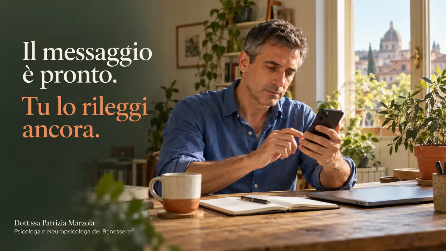 Ansia e controllo: quando continui a rileggere un messaggio Uomo alla scrivania che rilegge un messaggio sul telefono. Testo: «Il messaggio è pronto. Tu lo rileggi ancora».