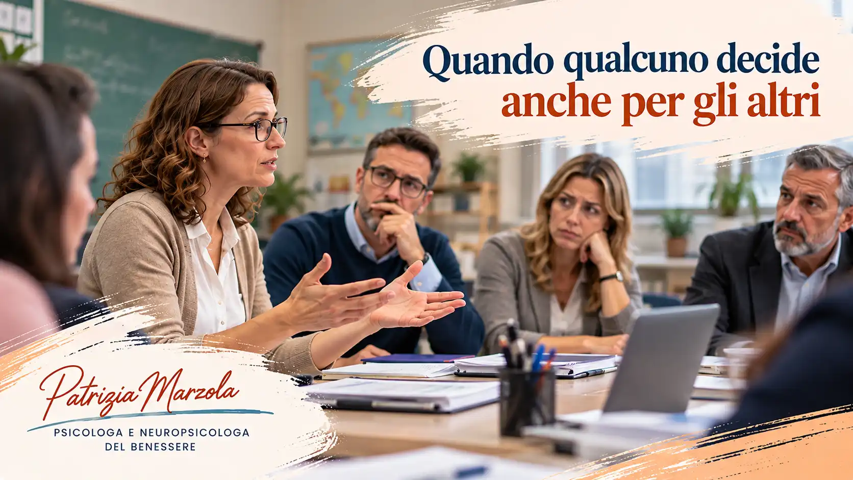 Conflitti sul lavoro: quando qualcuno decide anche per gli altri Conflitti sul lavoro durante una riunione: una docente esprime la propria opinione davanti a colleghi che la ascoltano con perplessità.