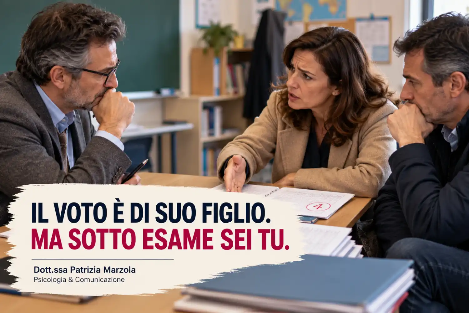 Genitori difficili: quando l'insegnante si sente sotto esame Insegnante durante un colloquio con due genitori che contestano un voto, mentre cerca di spiegare la propria valutazione.