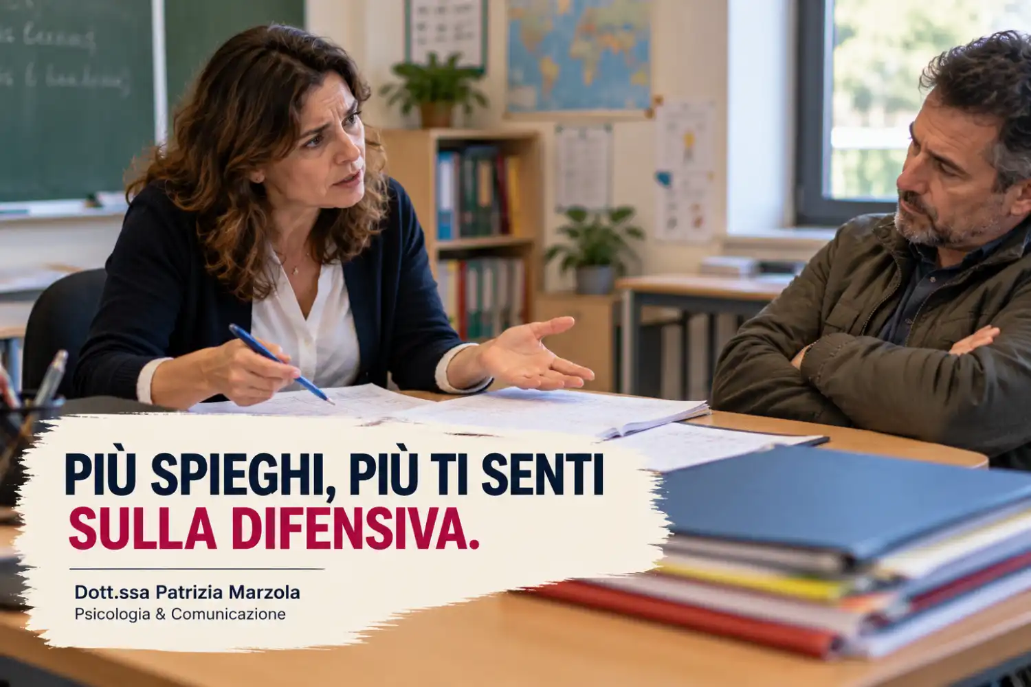 Genitori difficili: quando spiegare diventa giustificarsi Insegnante che cerca di spiegare una decisione a un genitore contrariato, finendo per sentirsi sulla difensiva.