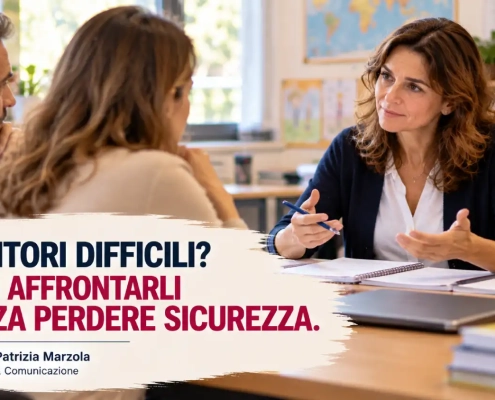 Insegnante durante un colloquio con due genitori, immagine dedicata a come affrontare i genitori difficili senza perdere sicurezza.