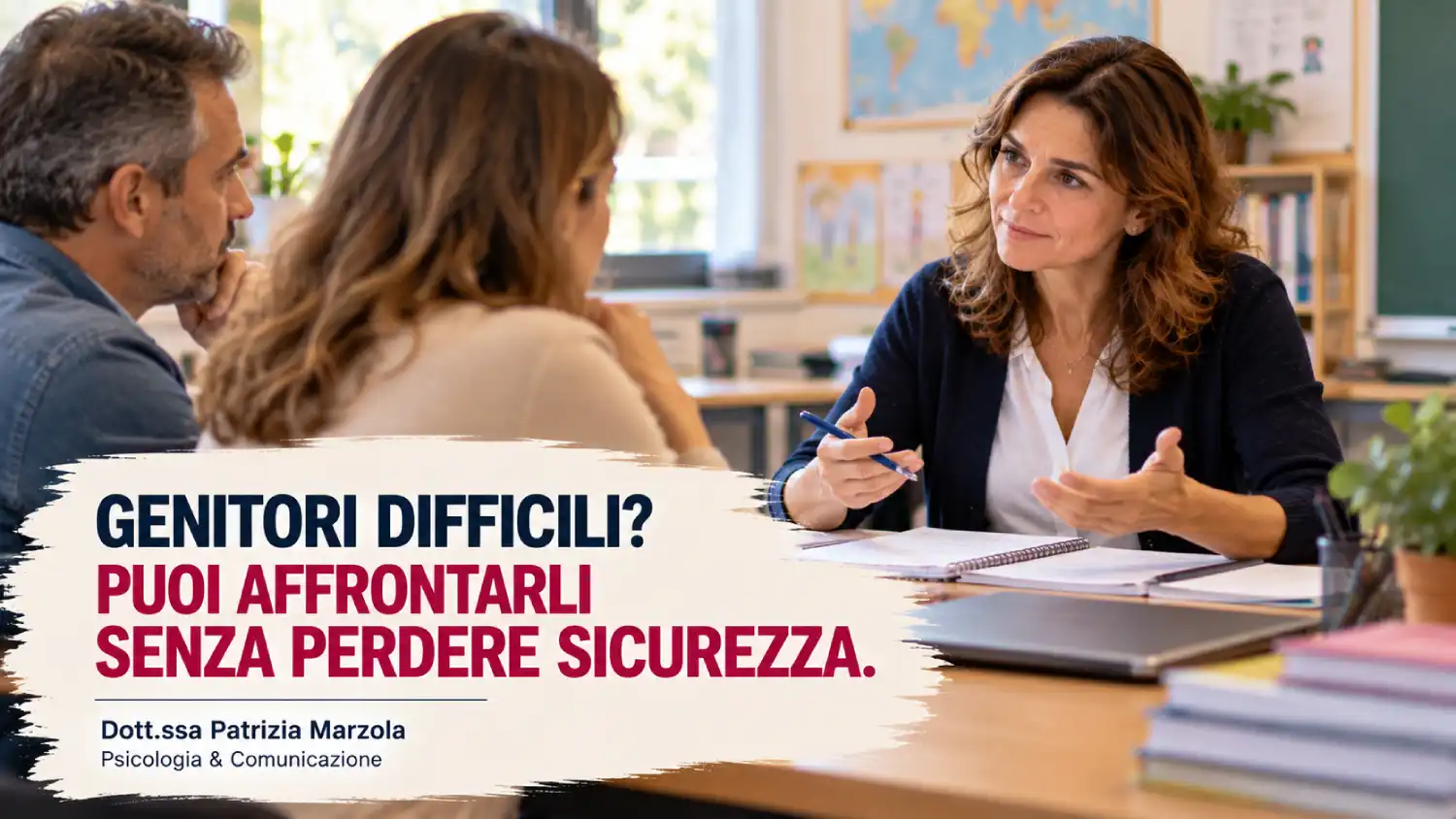Genitori difficili: come affrontare il confronto senza perdere sicurezza Insegnante durante un colloquio con due genitori, immagine dedicata a come affrontare i genitori difficili senza perdere sicurezza.