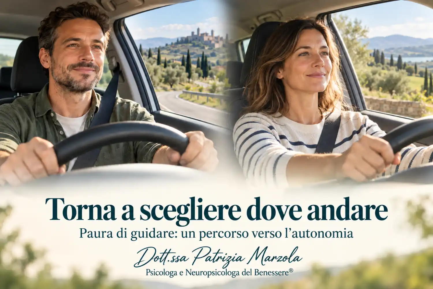 Paura di guidare: torna a scegliere dove andare Uomo e donna al volante in due scene distinte, con il messaggio «Torna a scegliere dove andare».