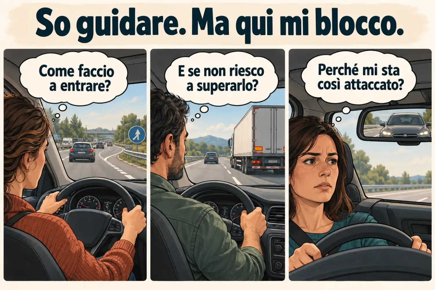 Quando alcuni momenti alla guida ti bloccano Tre situazioni di paura alla guida: immissione nel traffico, sorpasso di un camion e auto troppo vicina.