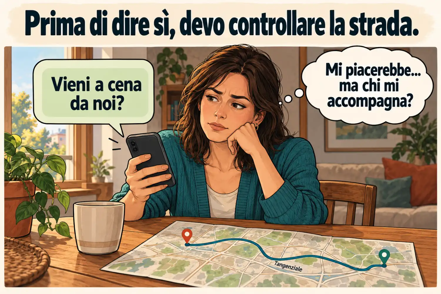Quando la paura limita le tue scelte Una donna riceve un invito a cena e controlla il percorso, chiedendosi chi possa accompagnarla.