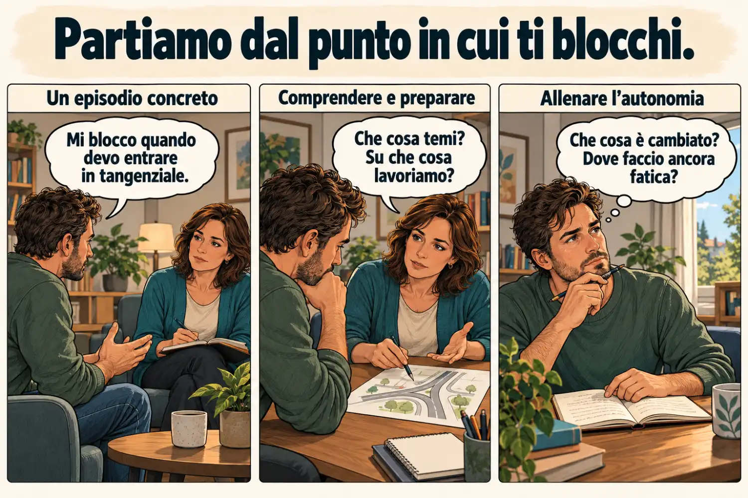 Comprendere la paura e allenare l’autonomia Tre momenti del percorso psicologico: raccontare una difficoltà alla guida, preparare un allenamento e verificare i cambiamenti.