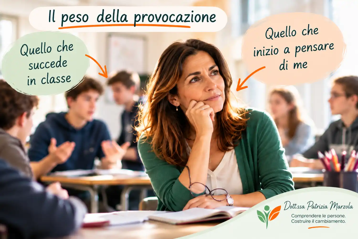 Il peso della provocazione: quando l'insegnante dubita di sé Insegnante pensierosa in classe mentre alcuni studenti parlano, nella vignetta Il peso della provocazione.