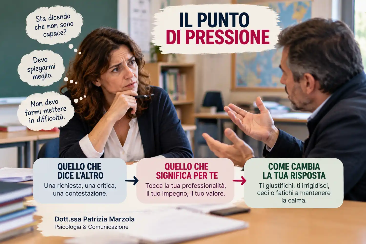 Il Punto di Pressione: perché alcuni genitori difficili ti mettono in difficoltà Schema del Punto di Pressione: le parole di un genitore difficile assumono un significato personale per l'insegnante e possono modificare la sua reazione.